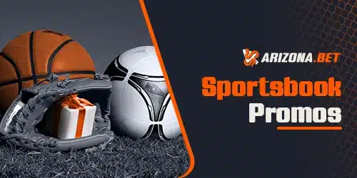 Arizona.BET logo and 'Sportsbook Promos' text displayed alongside sports equipment including a baseball glove with a gift box, a basketball, and a soccer ball, representing promotions available for various sports.