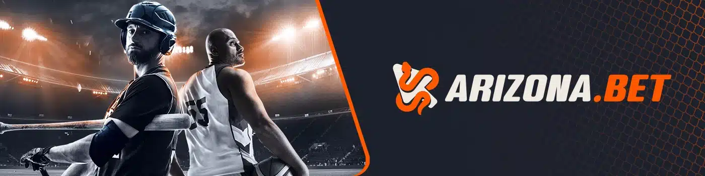 Arizona.BET logo displayed alongside images of a baseball player and a basketball player holding their respective sports equipment, set against a sports field background, representing sports betting options for baseball and basketball in Arizona.