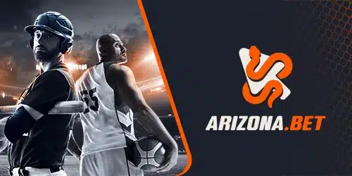 Arizona.BET logo displayed alongside images of a baseball player and a basketball player holding their respective sports equipment, set against a sports field background, representing sports betting options for baseball and basketball in Arizona.