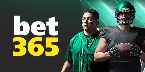 bet365 logo displayed alongside a football player in uniform holding a football and a person in a green sports jersey, representing betting opportunities for American football and other sports.