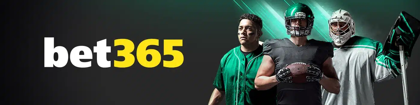 bet365 logo displayed alongside a football player in uniform holding a football and a person in a green sports jersey, representing betting opportunities for American football and other sports.
