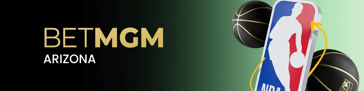 BETMGM Arizona logo displayed alongside the NBA logo on a mobile graphic and basketballs, highlighting the availability of NBA sports betting through BETMGM in Arizona.