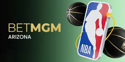 BETMGM Arizona logo displayed alongside the NBA logo on a mobile graphic and basketballs, highlighting the availability of NBA sports betting through BETMGM in Arizona.