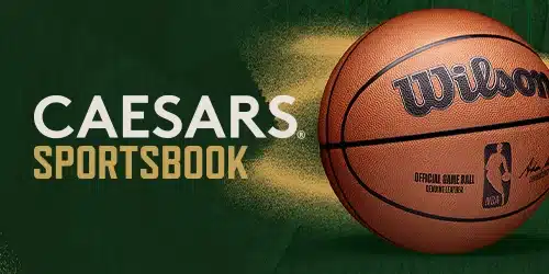 Caesars Sportsbook logo displayed prominently next to an official Wilson NBA game ball basketball, representing the betting opportunities available for basketball.