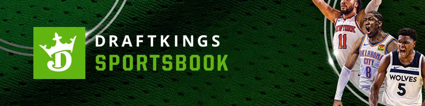 DraftKings Sportsbook logo displayed alongside images of basketball players in action wearing NBA team jerseys, representing the opportunity to bet on NBA games.