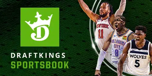 DraftKings Sportsbook logo displayed alongside images of basketball players in action wearing NBA team jerseys, representing the opportunity to bet on NBA games.
