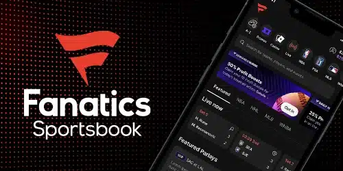 Fanatics Sportsbook mobile app interface displaying the brand logo, navigation menu, and a promotional banner for 50% Profit Boosts on baseball.