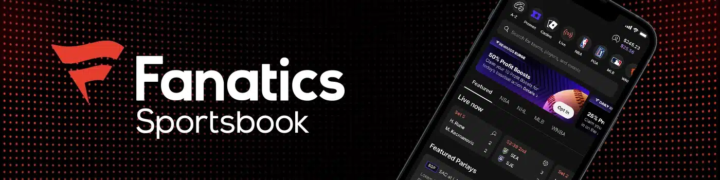 Fanatics Sportsbook mobile app interface displaying the brand logo, navigation menu, and a promotional banner for 50% Profit Boosts on baseball.