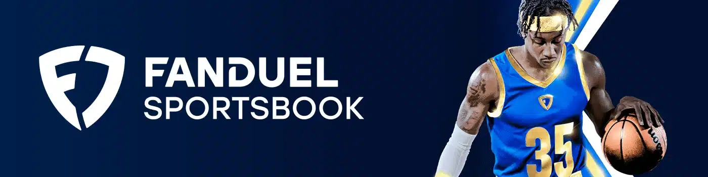 FanDuel Sportsbook logo displayed next to an image of a basketball player dribbling, representing basketball betting and fantasy sports options available through FanDuel.