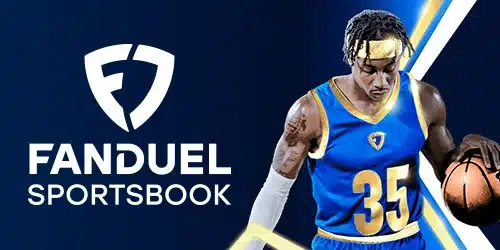 FanDuel Sportsbook logo displayed next to an image of a basketball player dribbling, representing basketball betting and fantasy sports options available through FanDuel.