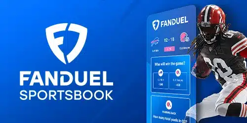 FanDuel Sportsbook logo displayed alongside a screenshot of the mobile app showing NFL betting odds for Buffalo Bills vs. Cleveland Browns and a football player in uniform, representing American football wagering on FanDuel.