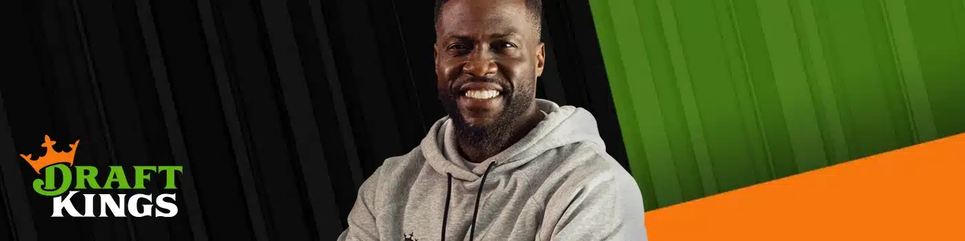 DraftKings logo displayed prominently alongside a photo of celebrity spokesperson Kevin Hart, smiling with his arms crossed, representing the DraftKings brand and its association with entertainment.