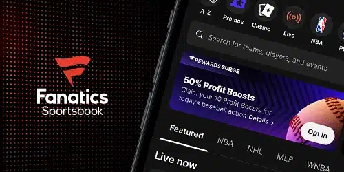 Fanatics Sportsbook mobile app interface displaying the brand logo, navigation menu, and a promotional banner for 50% Profit Boosts on baseball.