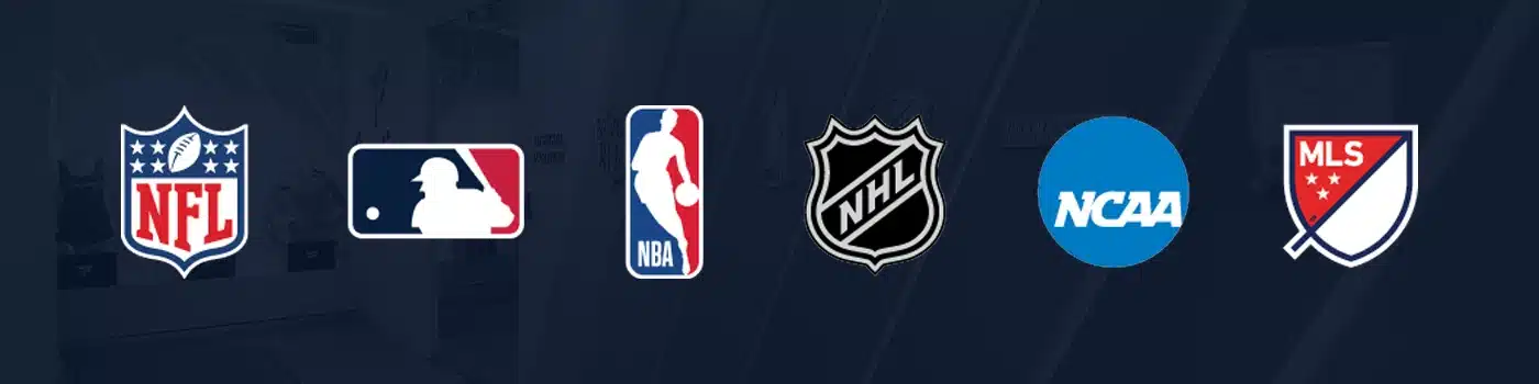 Logos of major North American sports leagues: NFL, MLB, NBA, NHL, NCAA, MLS