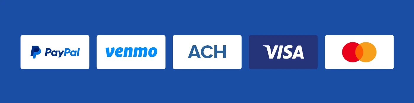 Logos of common payment methods: PayPal, Venmo, ACH, Visa, and Mastercard, representing options for deposits and withdrawals.