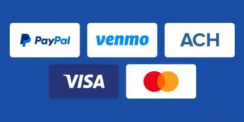 Logos of common payment methods: PayPal, Venmo, ACH, Visa, and Mastercard, representing options for deposits and withdrawals.
