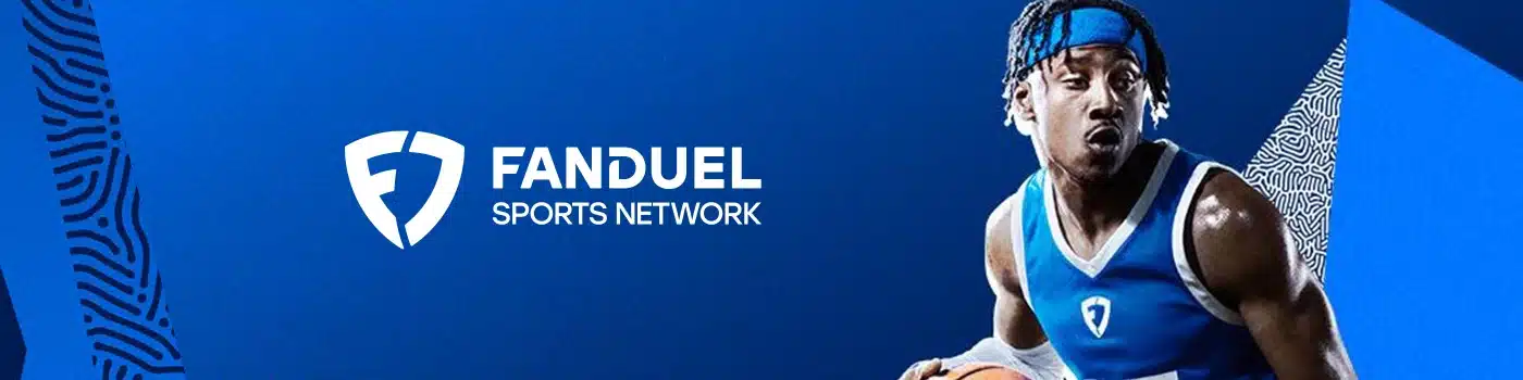FanDuel Sports Network logo displayed alongside a dynamic image of a basketball player in action, representing FanDuel's offerings for basketball betting and fantasy sports.