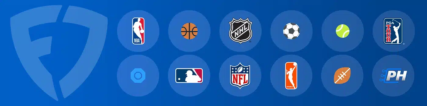 FanDuel logo displayed prominently alongside icons and logos representing a variety of sports and leagues, including NBA, basketball, NHL, soccer, tennis, PGA Tour, WNBA, MLB, NFL, American football, and PointsBet (PH), highlighting the broad selection of sports betting markets available on FanDuel.