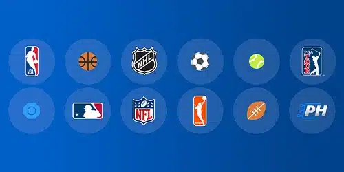 Icons and logos representing a wide range of sports betting markets, including NBA, basketball, NHL, soccer, tennis, PGA Tour, WNBA (basketball icon), MLB, NFL, American football, and PointsBet (PB).