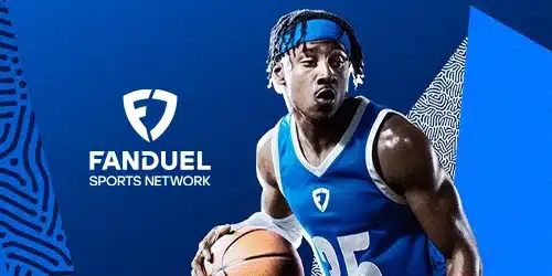 FanDuel Sports Network logo displayed alongside a dynamic image of a basketball player in action, representing FanDuel's offerings for basketball betting and fantasy sports.
